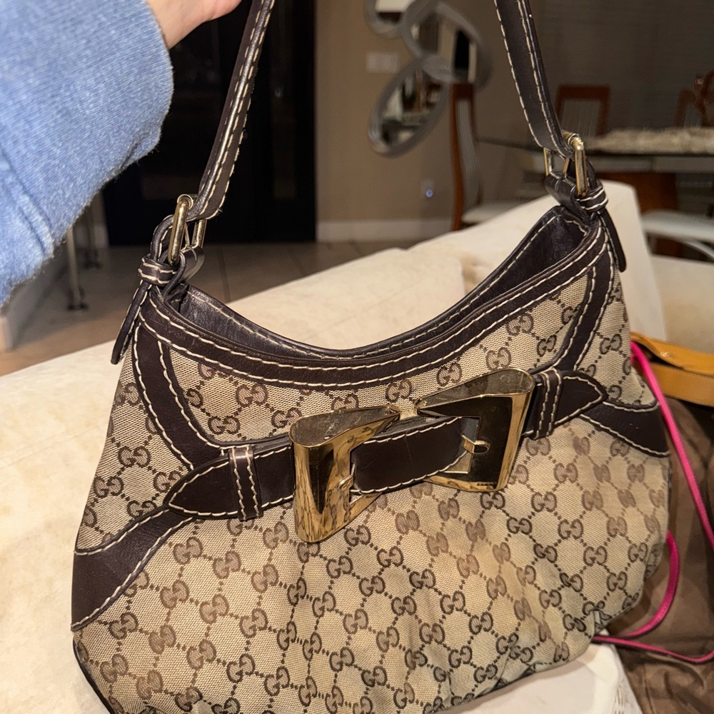 Gucci Brown and Gold Shoulder Bag with Signature Monogram